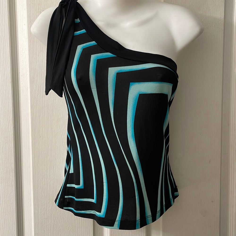Agaci Too black and turquoise blue one shoulder tie tank  top size medium